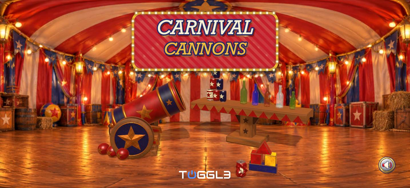 Carnival Cannons game title inside its glowing red and gold carnival tent